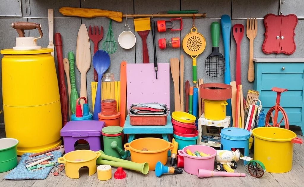Colorful repurposed household items arranged for imaginative play.