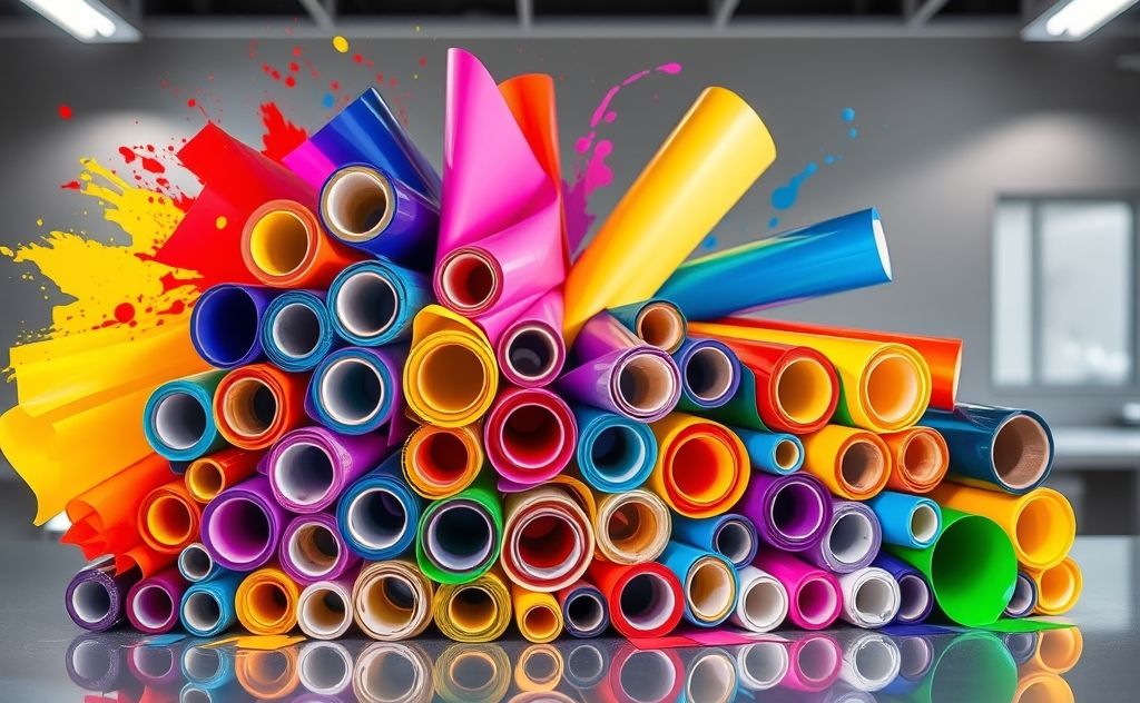 Colorful rolls of heat transfer vinyl arranged in a creative display.