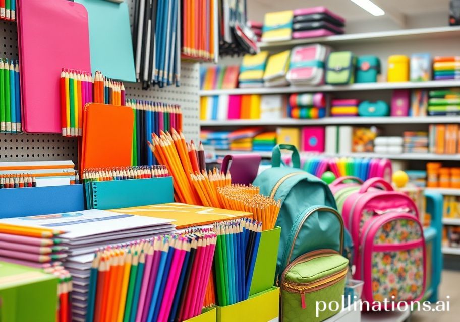 Rak perlengkapan sekolah warna-warni: buku, pensil, tas, botol minum
