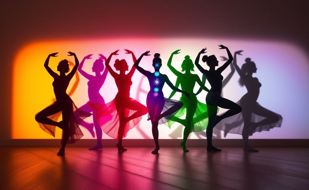 Colorful silhouettes of dancers in flowing poses representing chakras.
