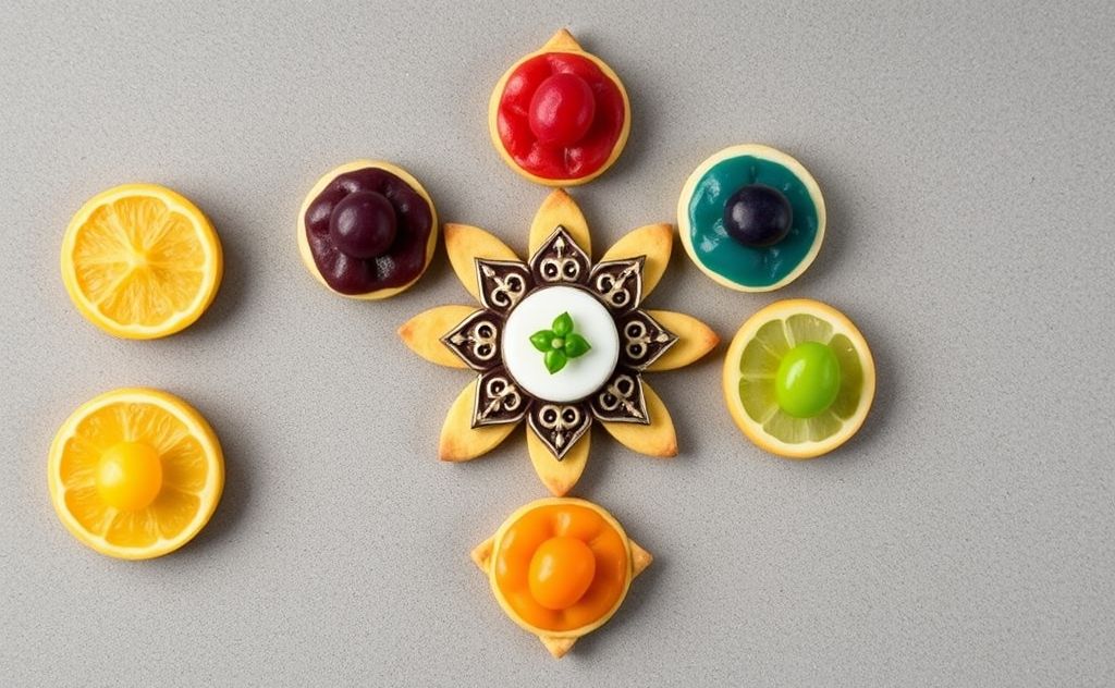 Colorful snacks arranged to represent the seven chakras.