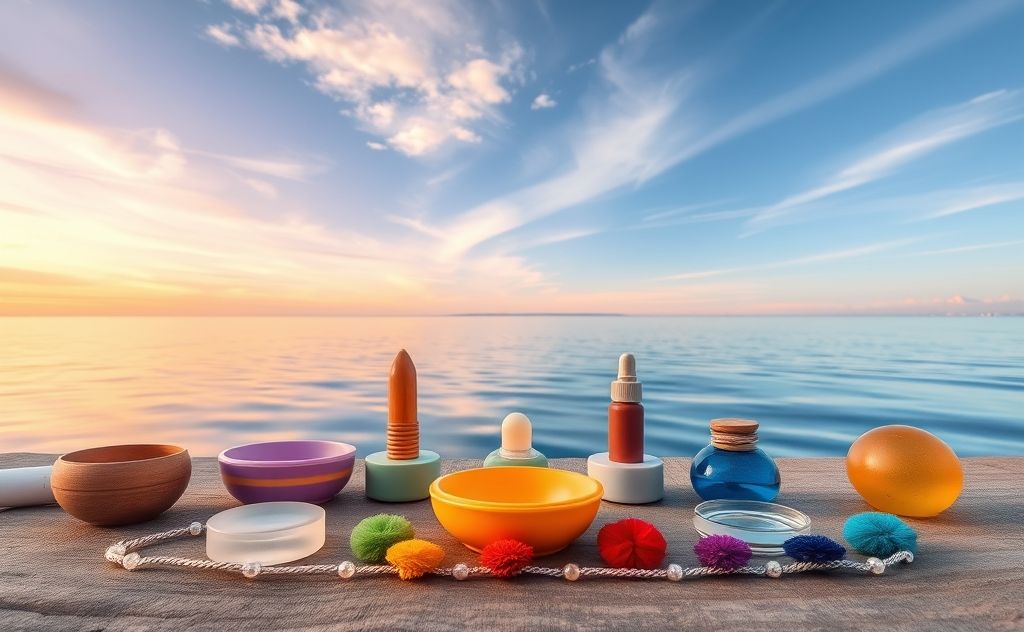 Colorful sound tools arranged by chakra colors on a serene background