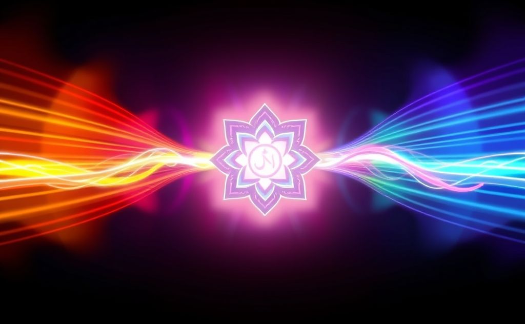 Colorful sound waves radiating around a glowing chakra symbol.
