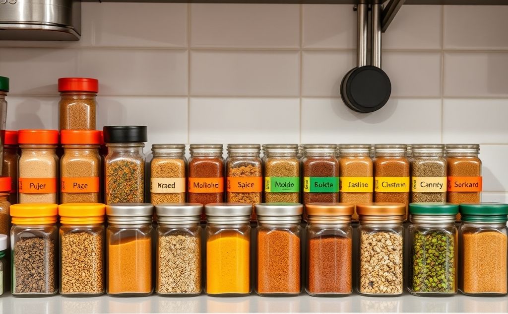 Colorful spice jars organized by cuisine types in a kitchen setting.