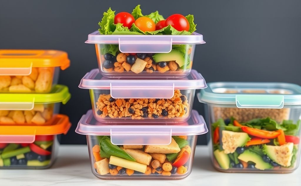 Colorful stack of various meal prep containers with healthy food.