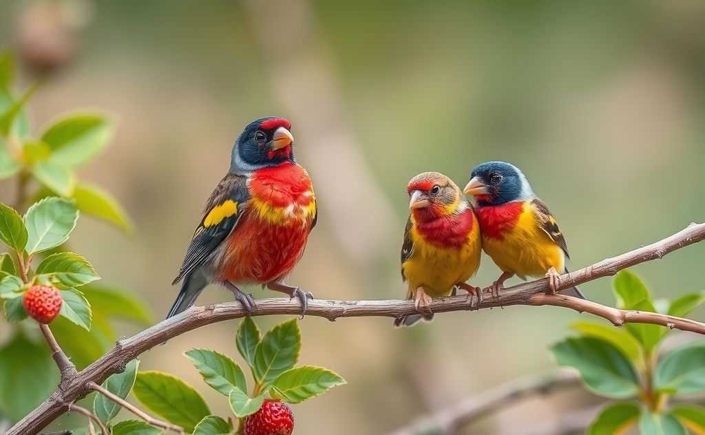 Colorful strawberry finches perched on branches in diverse habitats.