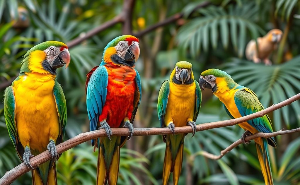 Colorful talking parrots perched on branches in a lush environment