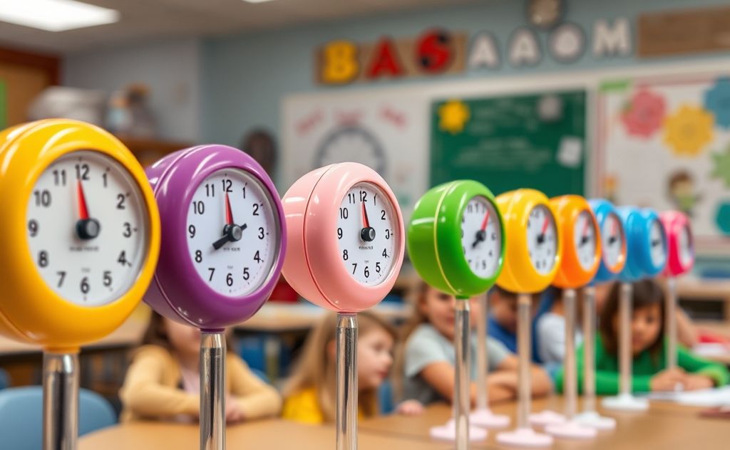 Colorful timers in a classroom setting with children learning.