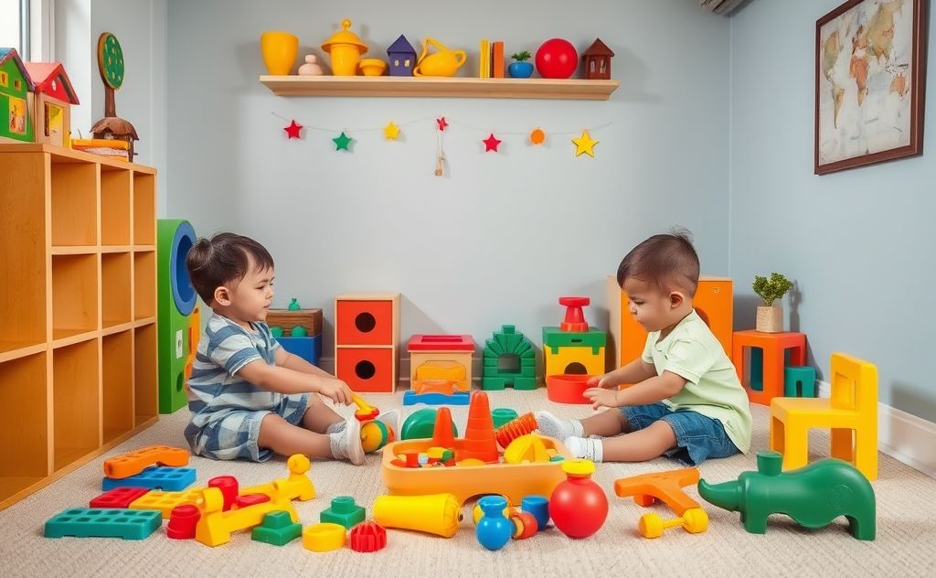 Colorful toys and a peaceful play area promoting sibling cooperation