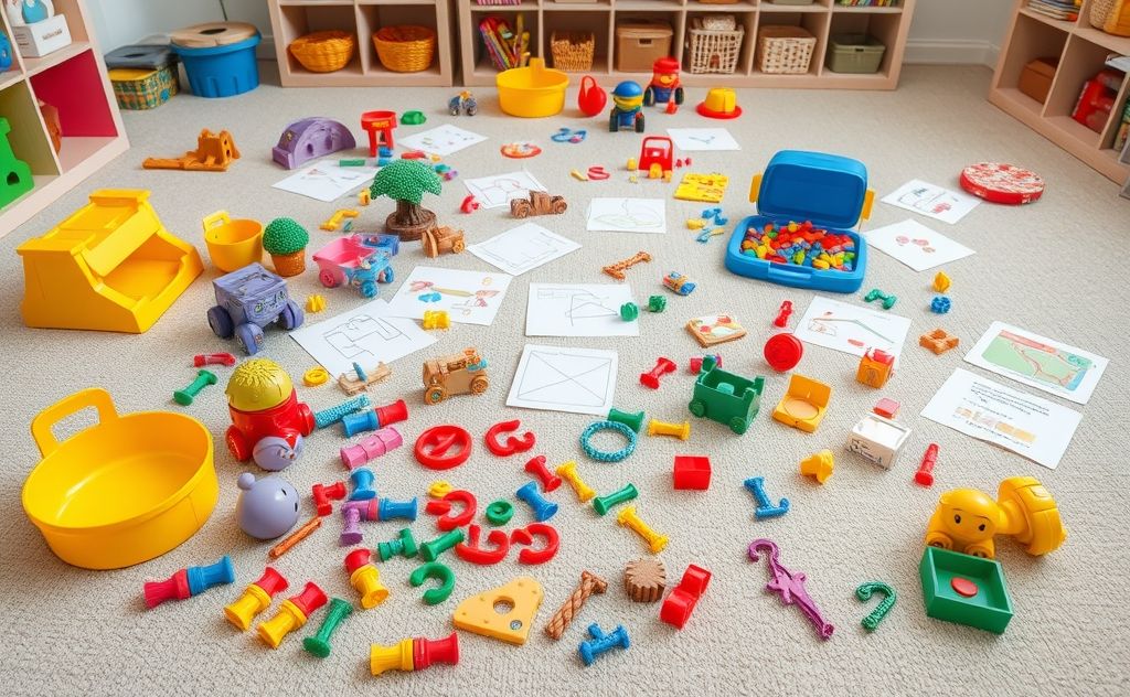 Colorful toys and creative activities scattered across a playroom floor.