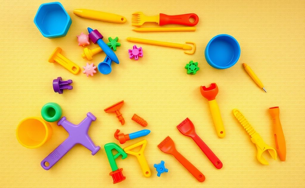 Colorful toys and tools arranged on a bright play mat for children.