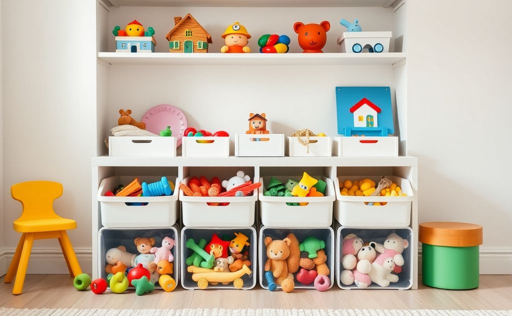 Colorful toys organized in bins for a minimalist home setting