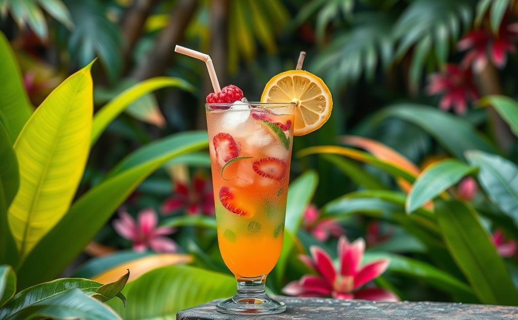 Colorful tropical drink in a vibrant jungle setting