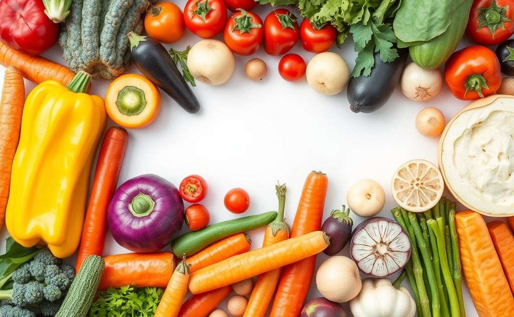 Colorful vegetables and fruits arranged in a playful, interactive way.