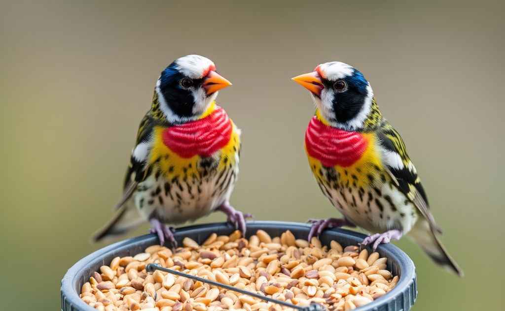 Colorful zebra finches perched on a feeding station with seeds.