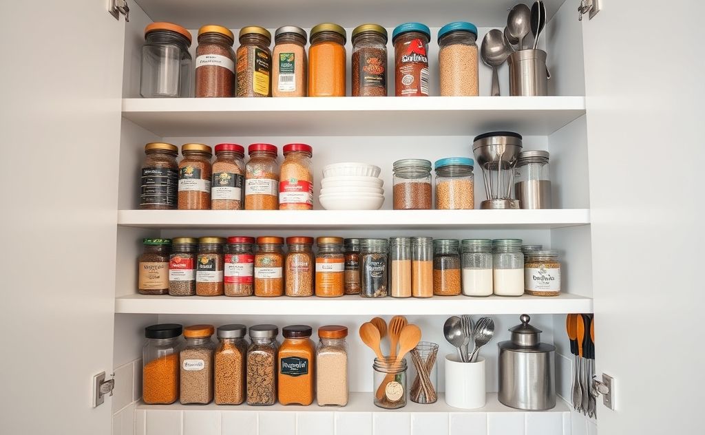 Compact kitchen shelves filled with neatly arranged spices and utensils.