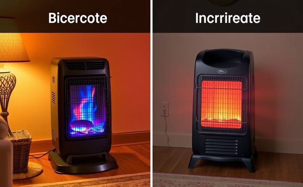 Compare blue flame and infrared heaters in a warm home setting.