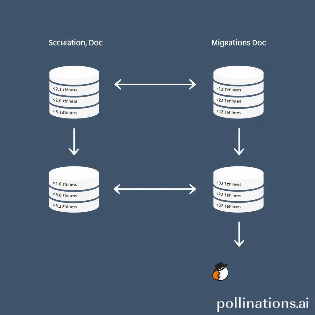 Conceptual image showing database tables evolving over time, with code snippets representing schema builder definitions and arrows indicating migrations. A version control icon (like Git) could be subtly integrated to emphasize the versioning aspect. The overall aesthetic should be modern, clean, and convey efficiency and structure.