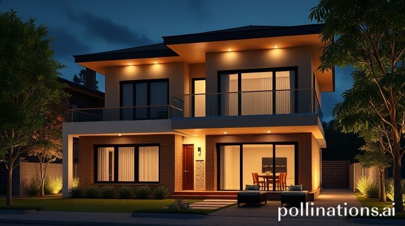 Rumah kontemporer dua lantai malam hari