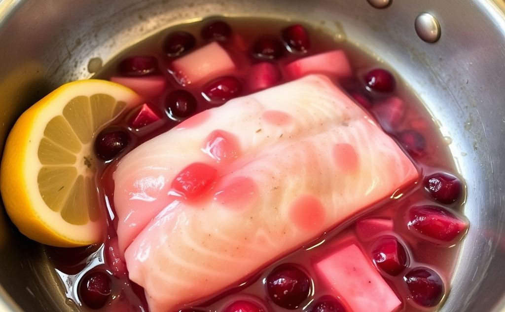 Cooking fish with a splash of cranberry juice.