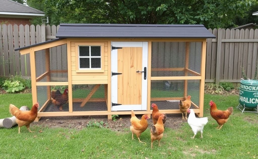 Coop design for six happy chickens in a yard