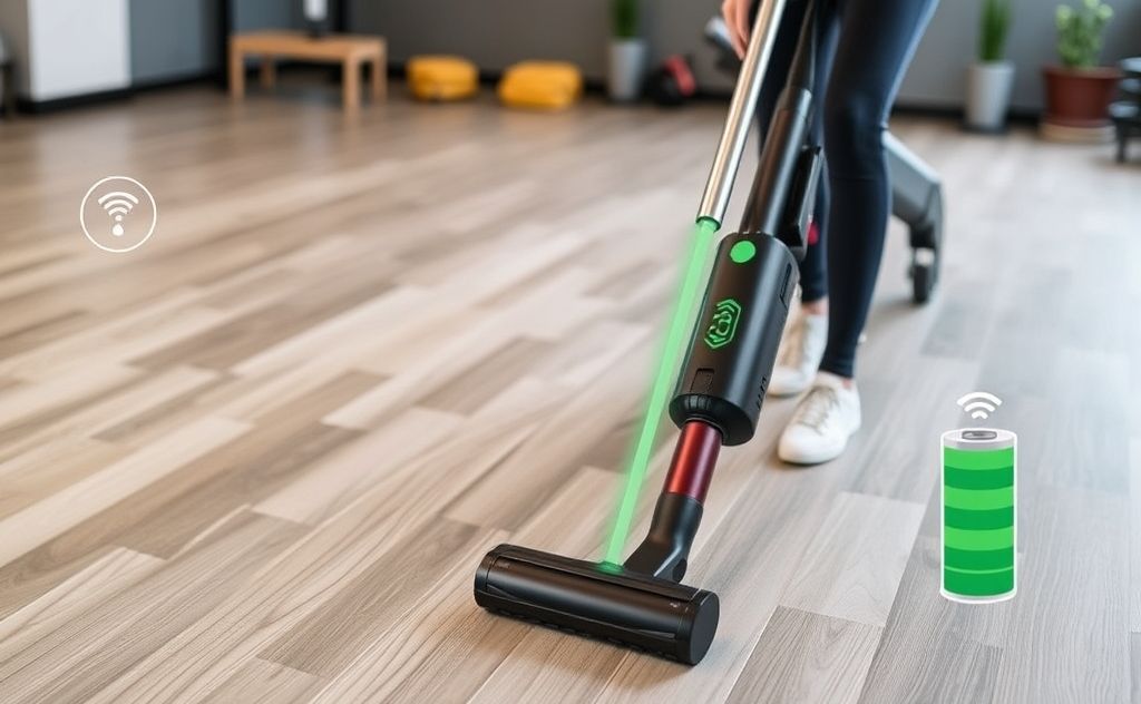 Cordless gym vacuum with long battery life features