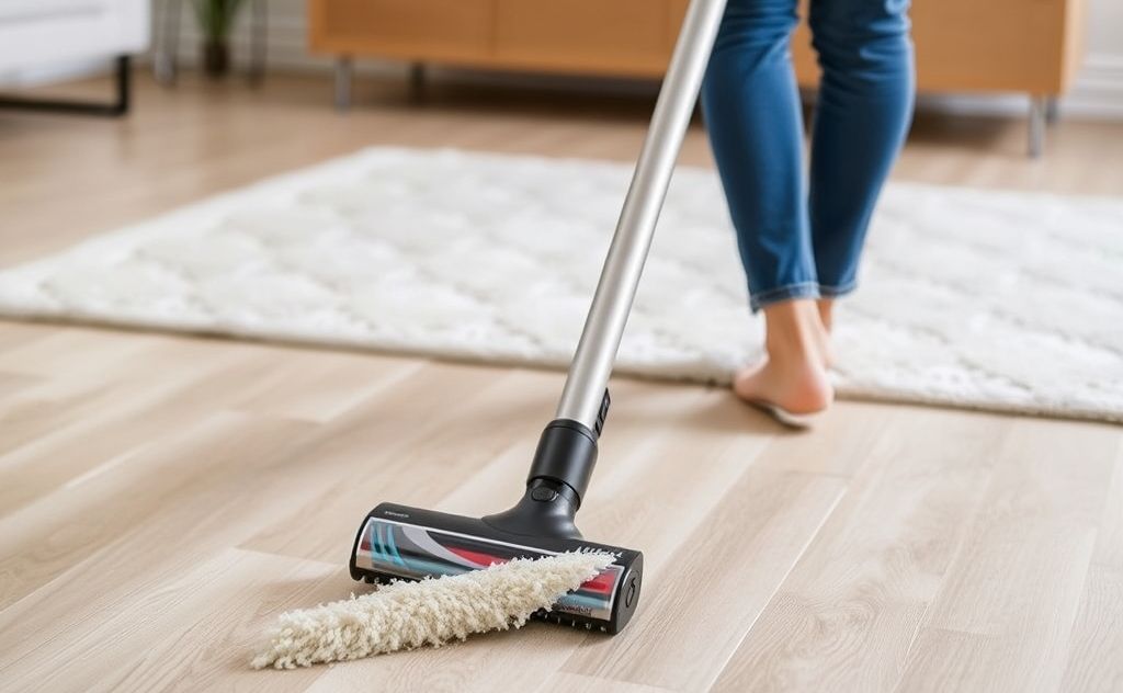 Cordless vacuum with swivel steering in action.