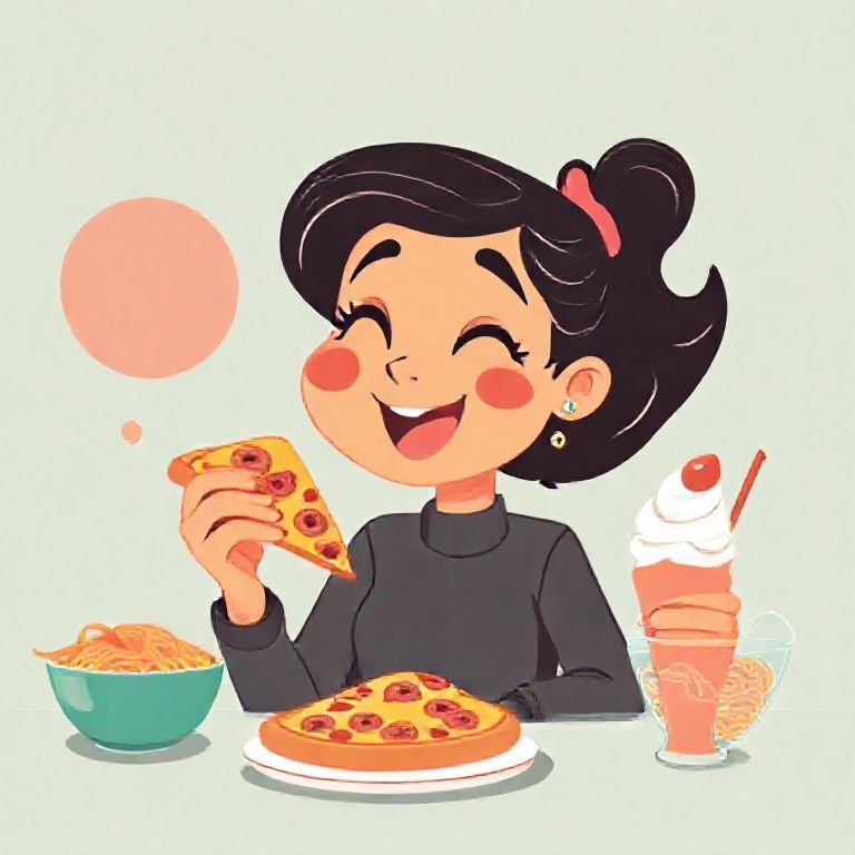 Nirjara enjoying pizza, noodles, and ice cream