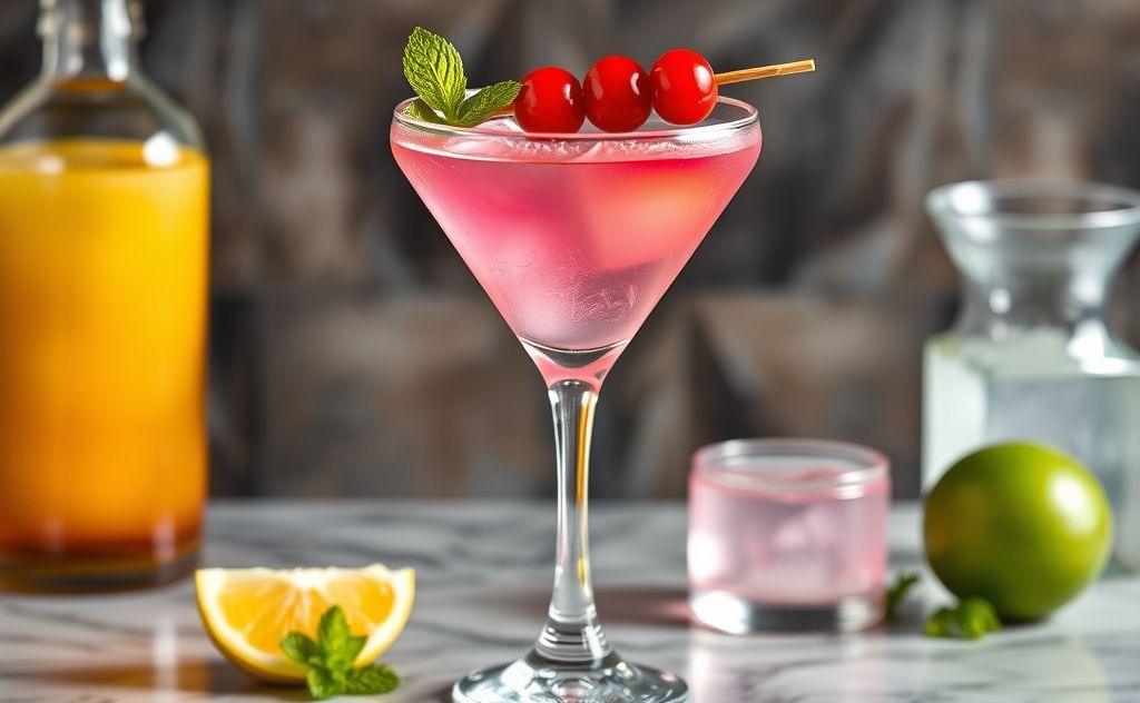 Cosmopolitan cocktail with vibrant colors and garnishes