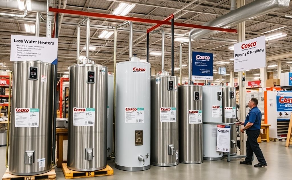 Costco gas water heaters in a home improvement setting.