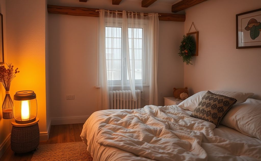 Cozy bedroom with a warm oil heater glowing softly