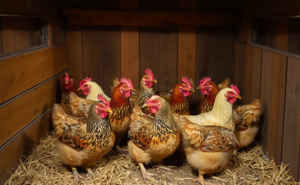 Cozy chickens in a warm coop at night