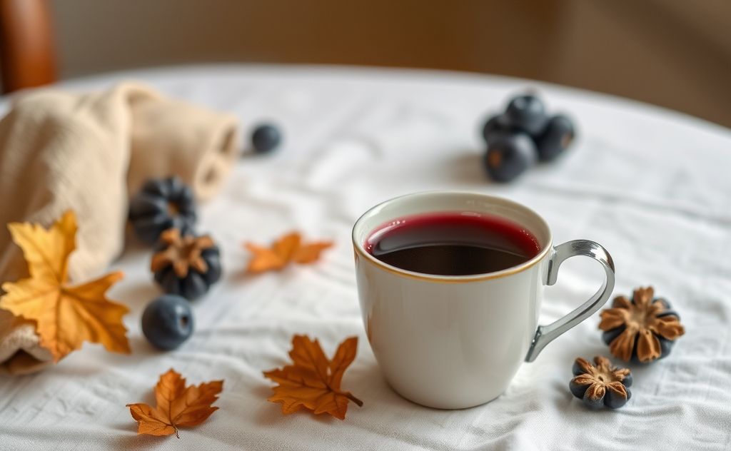 Cozy cup of warm prune juice on a table