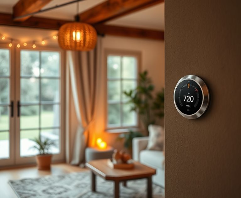 Cozy home interior with a thermostat displaying optimal temperature.