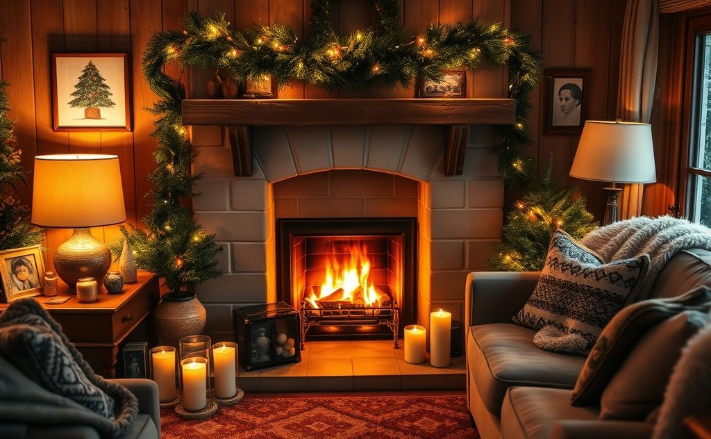 Cozy home interior with a warm fireplace and winter decor.