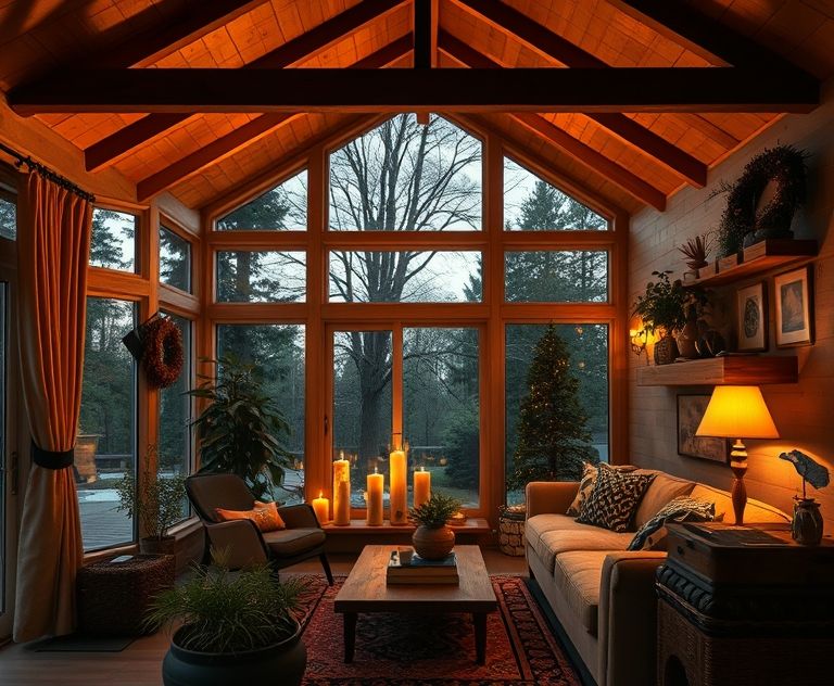 Cozy home interior with a warm glow during evening hours.