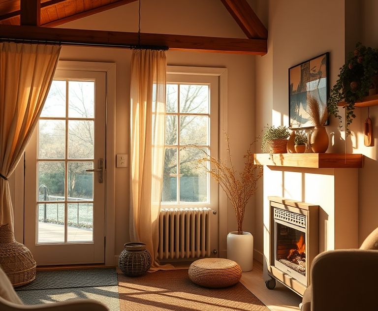 Cozy home interior with a warm morning light and heating elements.
