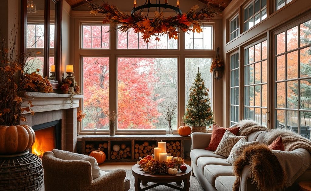 Cozy home interior with seasonal decor and changing foliage.