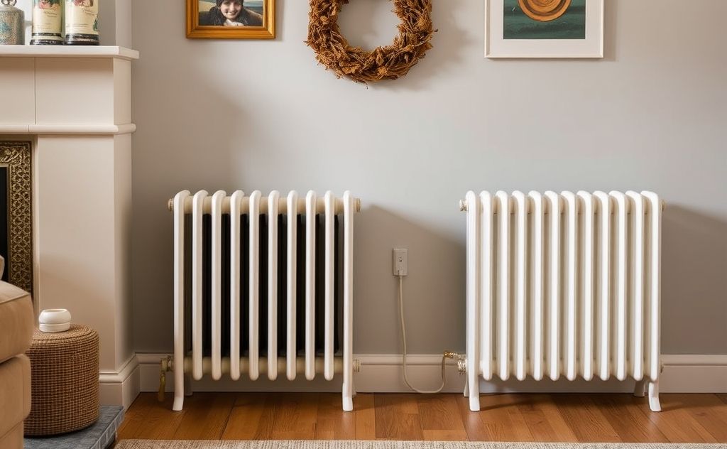 Cozy home scene with oil-filled and panel electric radiator heaters side by side.