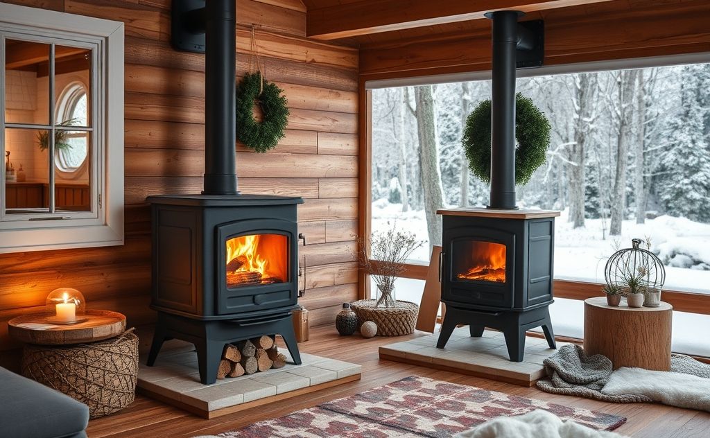 Cozy home with a pellet stove in winter setting