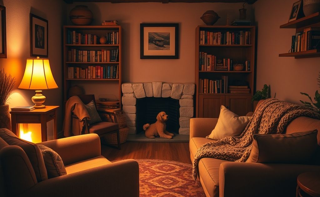 Cozy home with an oil space heater warming a comfortable room.
