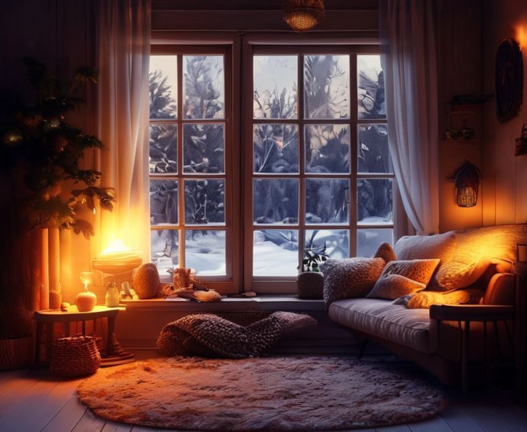 Cozy home with warm light glowing from windows in winter.