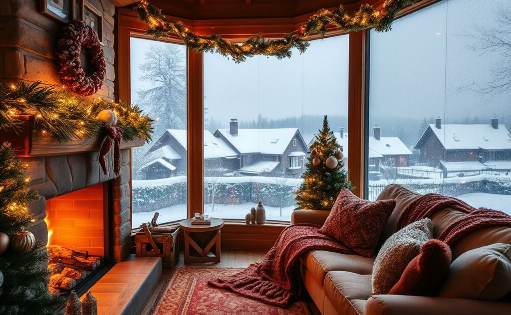 Cozy home with winter decorations and snow-covered surroundings