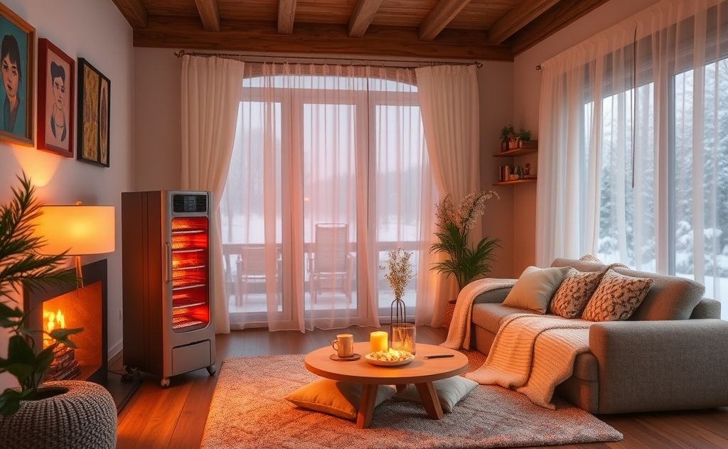 Cozy indoor scene with infrared heater and humidity control features.