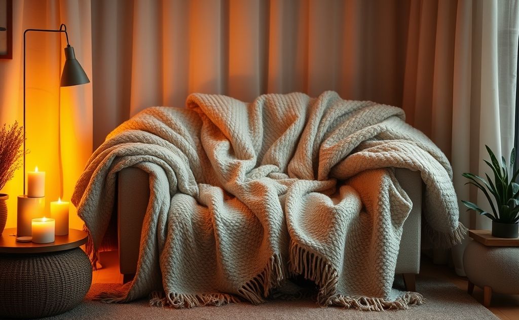 Cozy indoor scene with warm light and layered blankets for comfort.