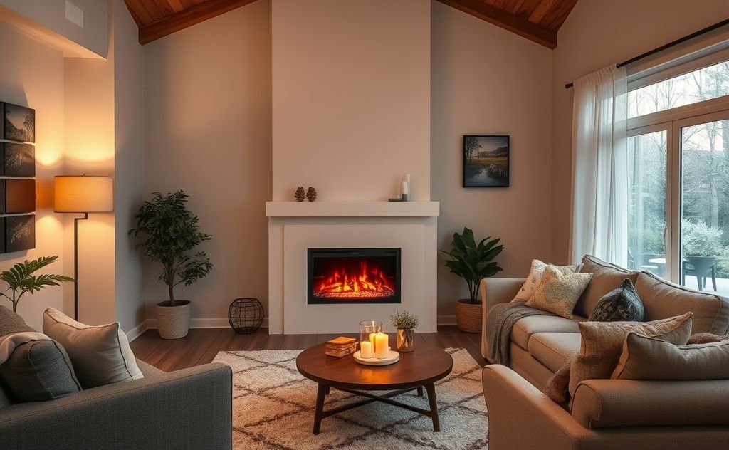 Cozy living room with a glowing electric fireplace
