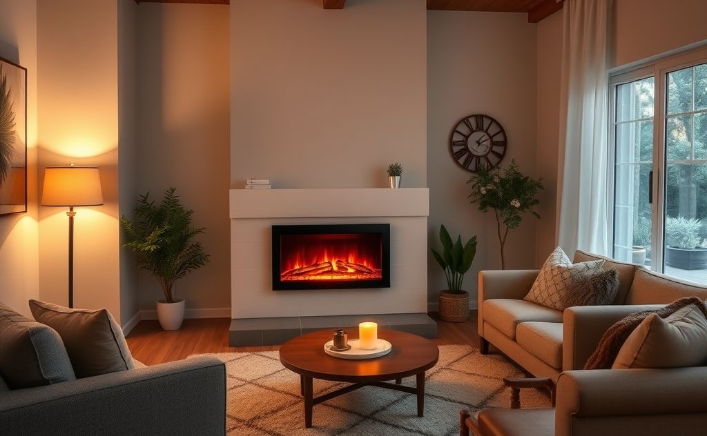 Cozy living room with a glowing electric fireplace, no real flames.