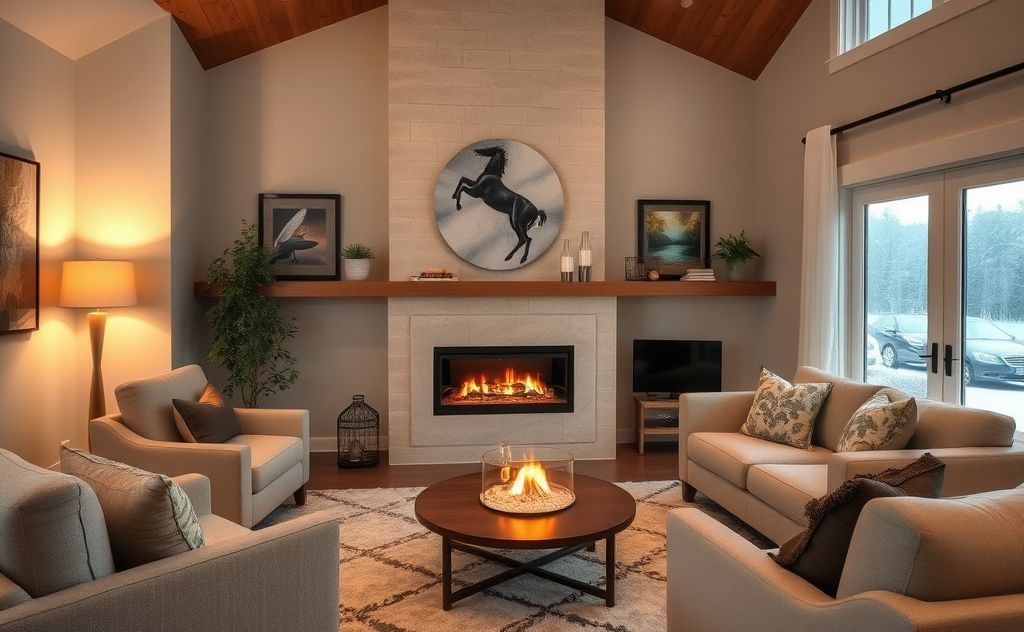 Cozy living room with a glowing gas fireplace