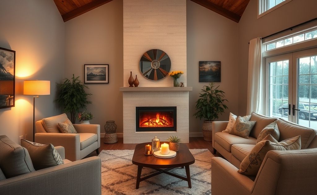 Cozy living room with a warm gas fireplace glow