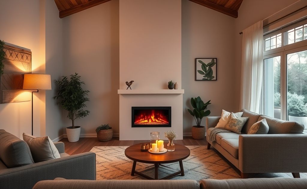 Cozy living room with an electric fireplace glow